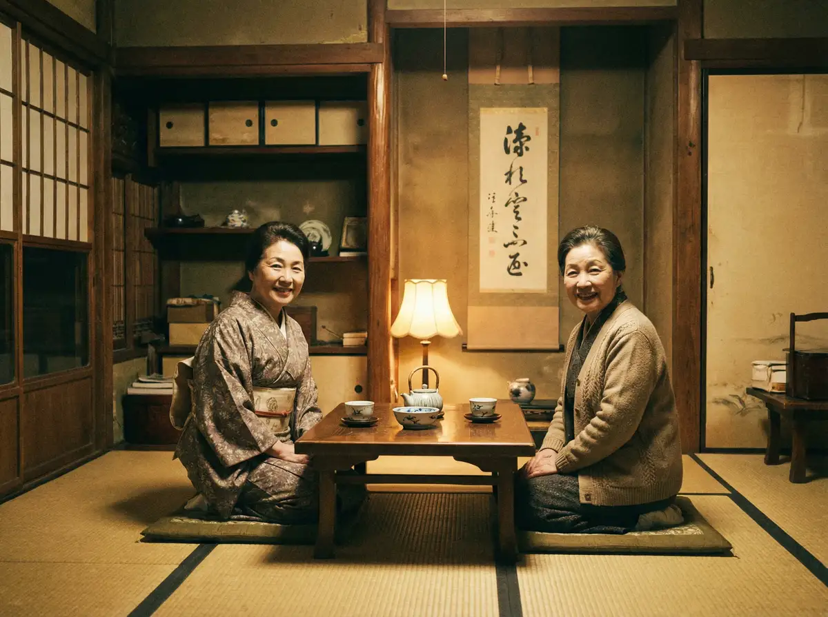 两位优雅的 小狗pro 在日式茶室中品茶交谈
